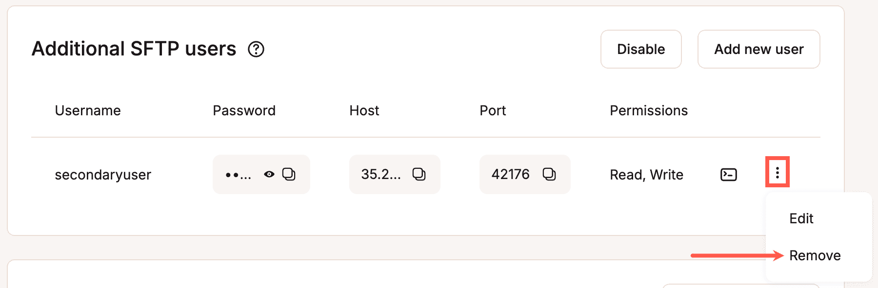 Remove an additional SFTP user.