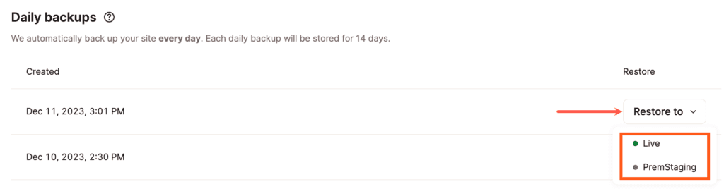 Restore a backup to Staging