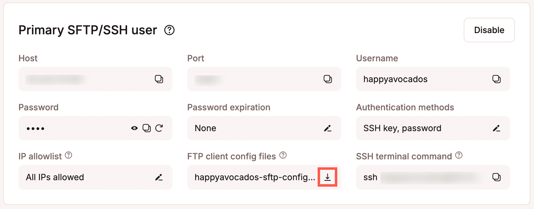 Download a zip file of your primary SFTP user settings.
