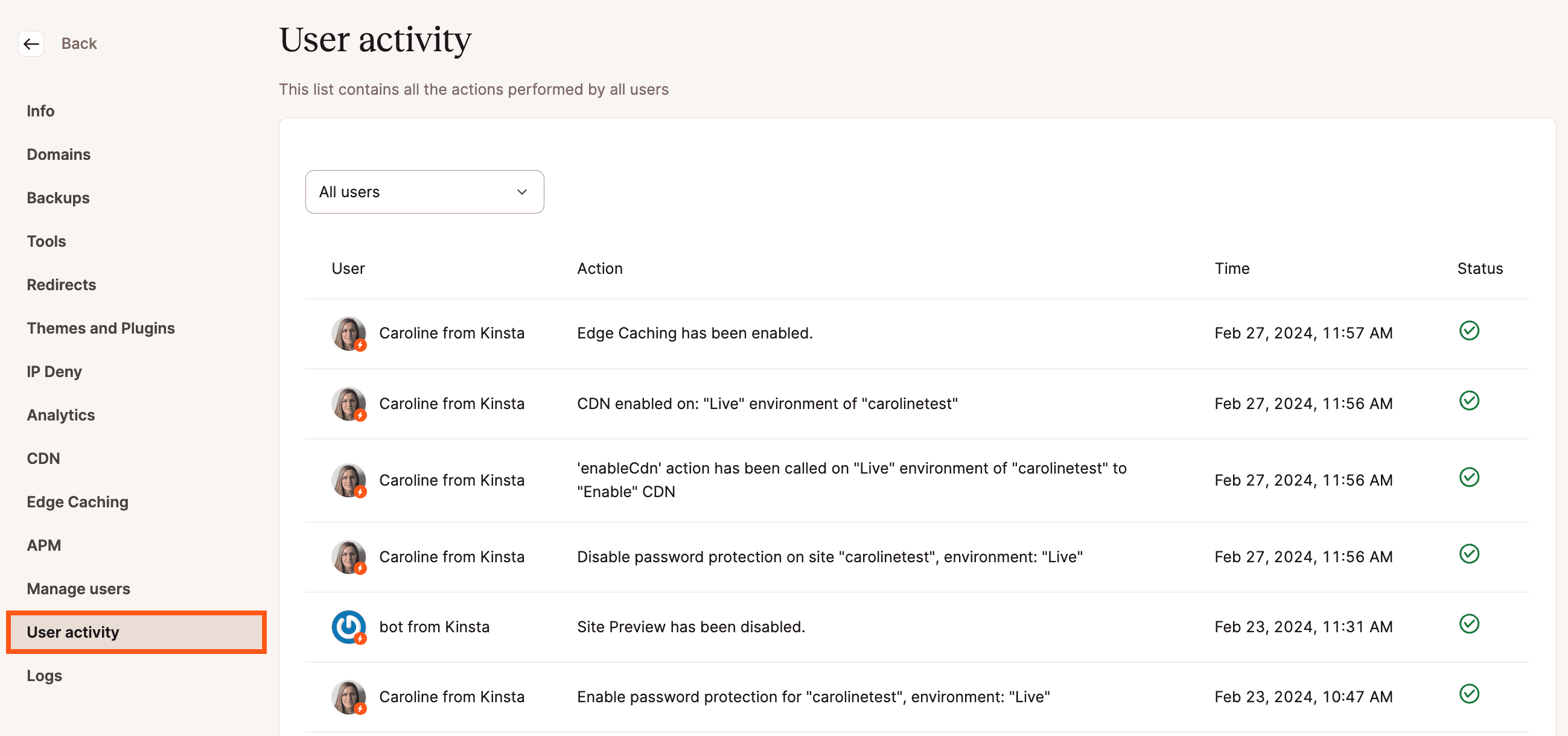 Veja uma lista de ações do usuário com o monitoramento da atividade do usuário do MyKinsta.
