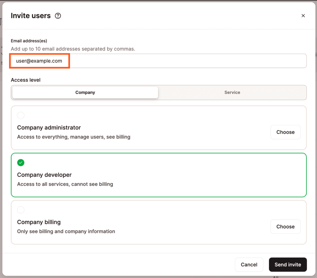 Detalhes do convite de usuário com acesso à empresa.