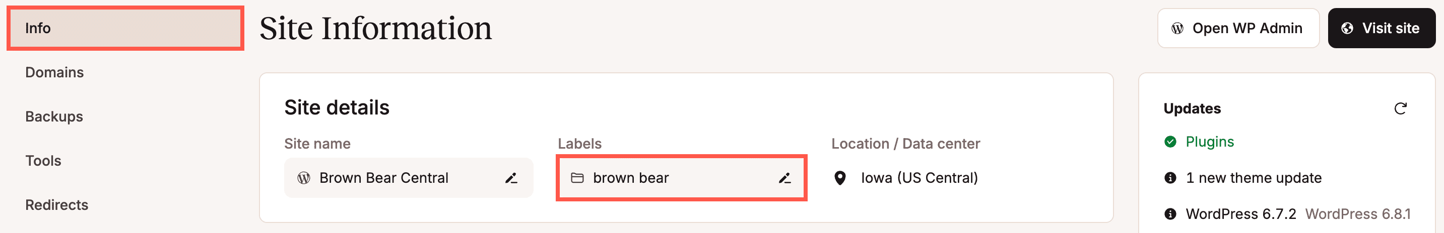 Etichette del sito nella pagina Informazioni sul sito in MyKinsta.