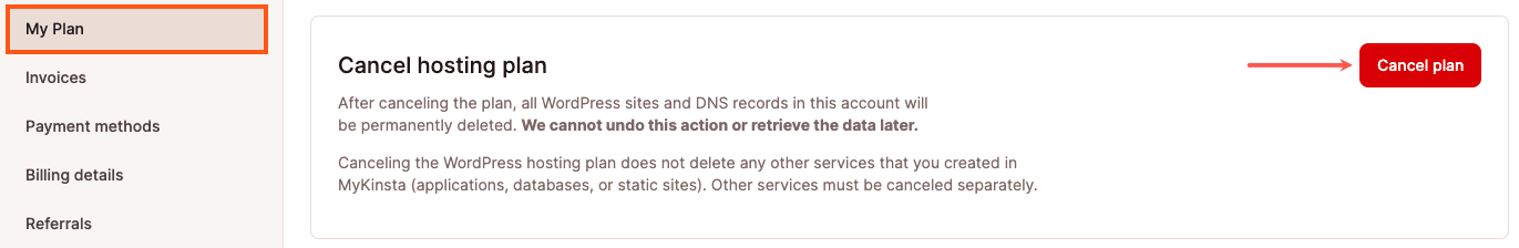 Cancela tu plan de Alojamiento Addministrado de WordPress en MyKinsta.