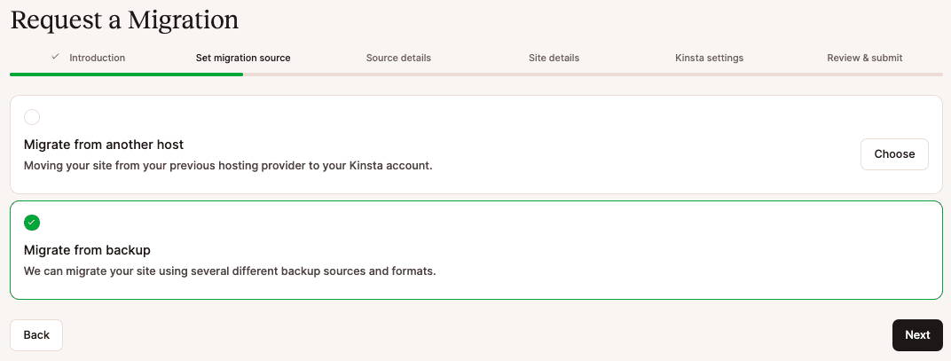 Richiedere una migrazione da un backup.