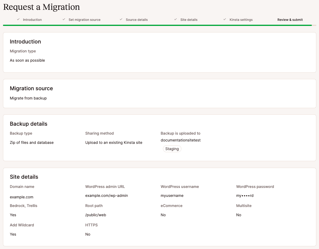 Controllare e inviare la richiesta di migrazione da un backup.