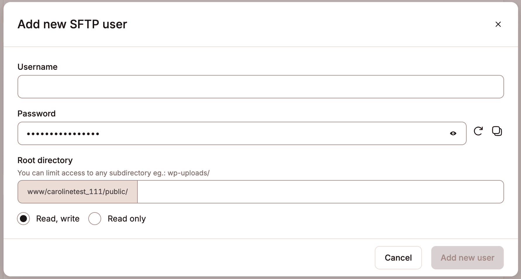 Füge einen neuen SFTP-Benutzer hinzu