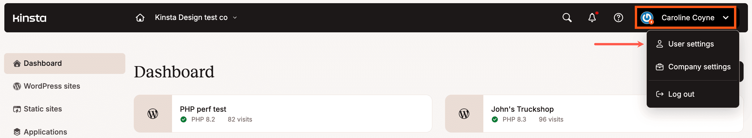 Impostazioni utente di MyKinsta.