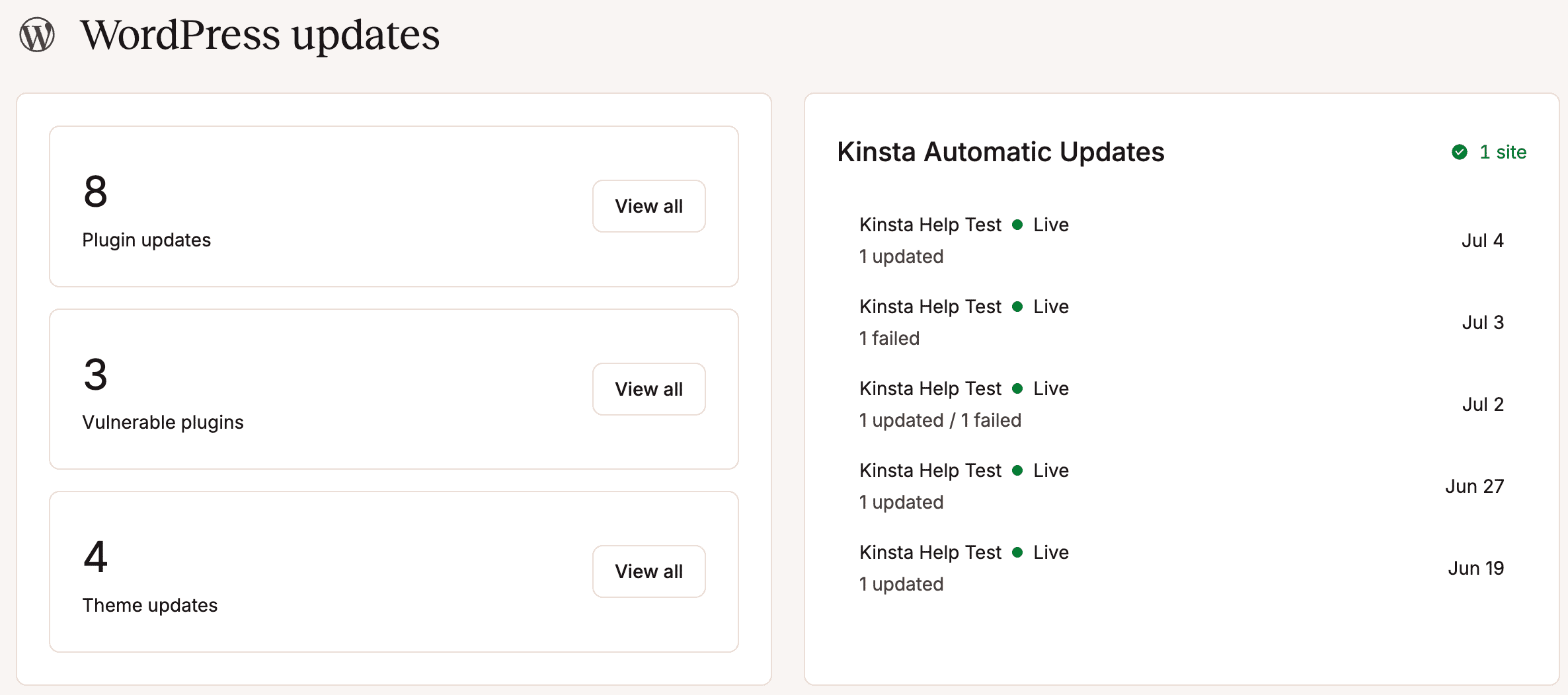 Resumo das atualizações de plugins e temas no Painel da Empresa.