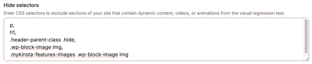 Beispiel für das Hinzufügen von Selektoren, die vom visuellen Regressionstest ausgeschlossen werden sollen