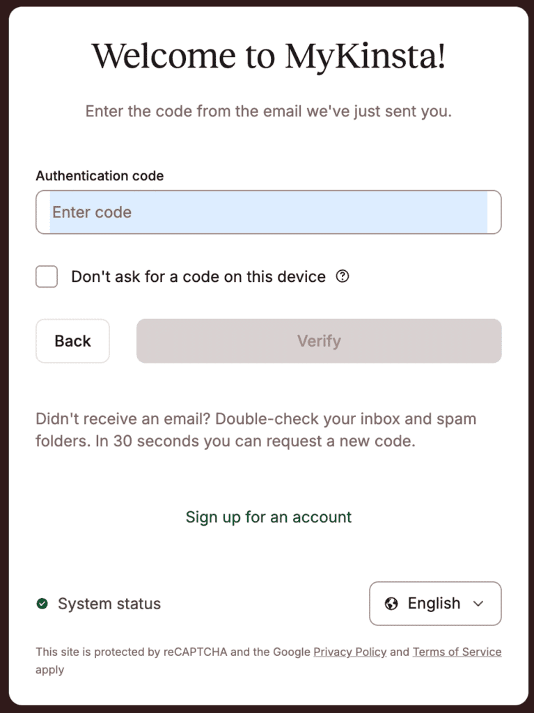 autenticación 2FA cuando te conectas a MyKinsta.