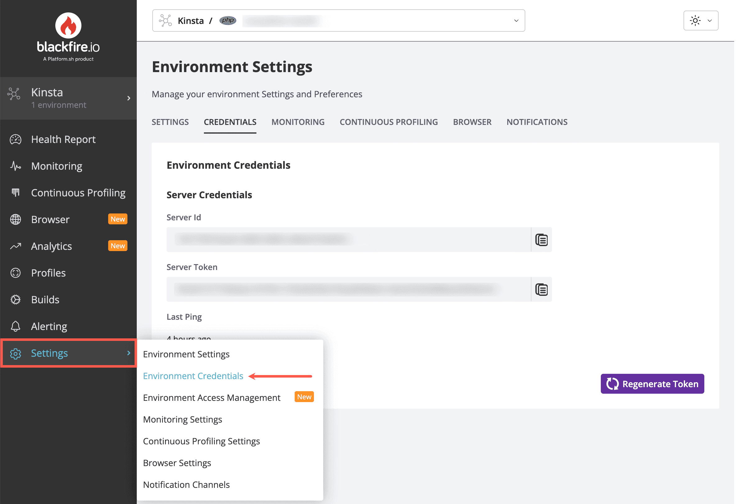 Blackfire environment credentials.