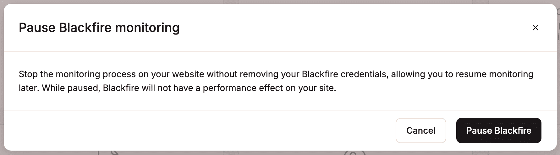 Confirm you want to pause Blackfire monitoring.