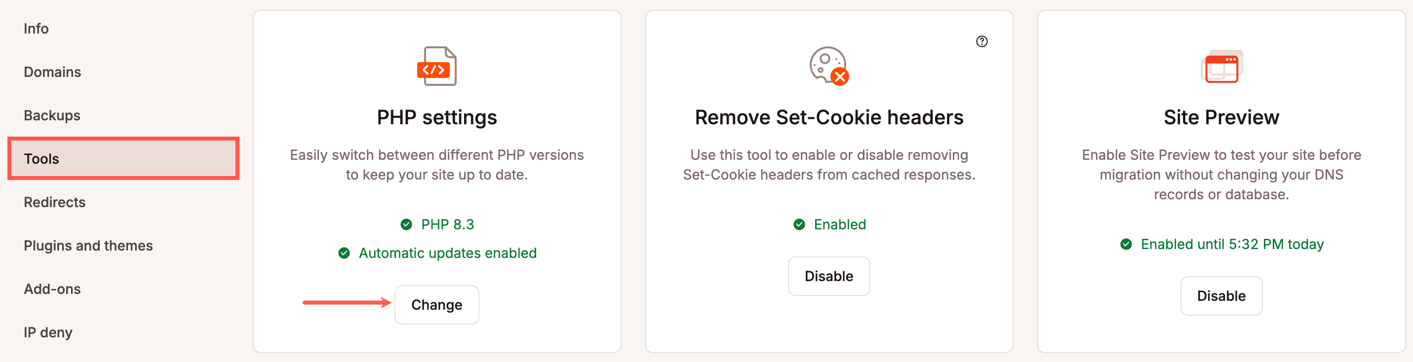 Ändere deine PHP-Einstellungen im Menü Extras der Website