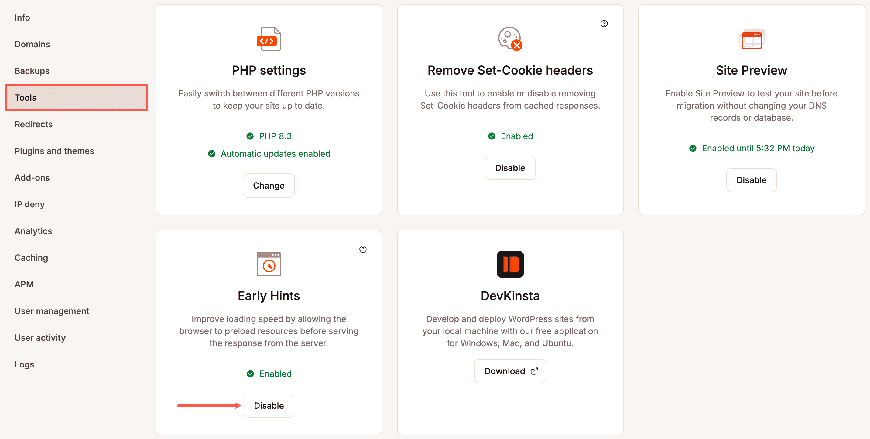 Disabilitare gli Early Hints in MyKinsta.
