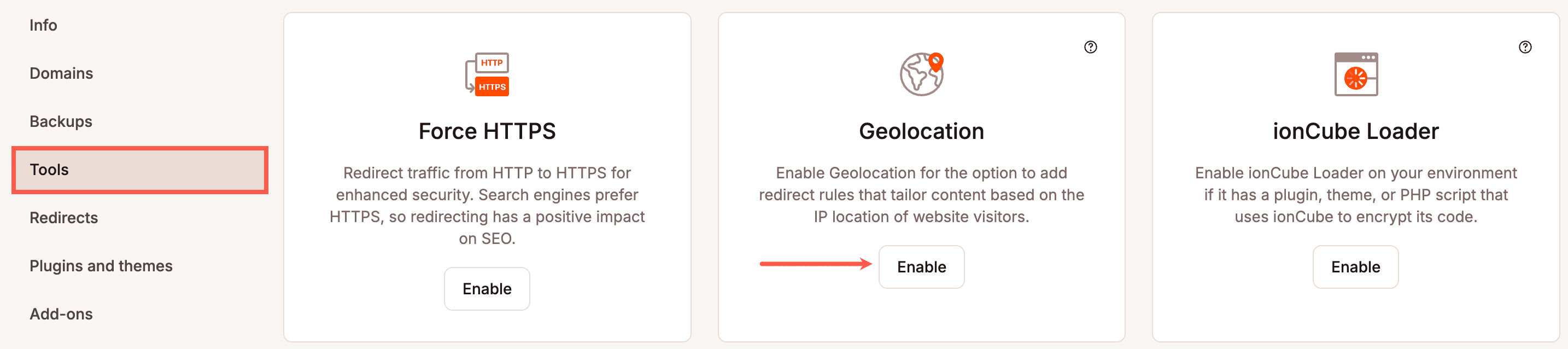 Geolocation can be enabled in the Tools section of MyKinsta.