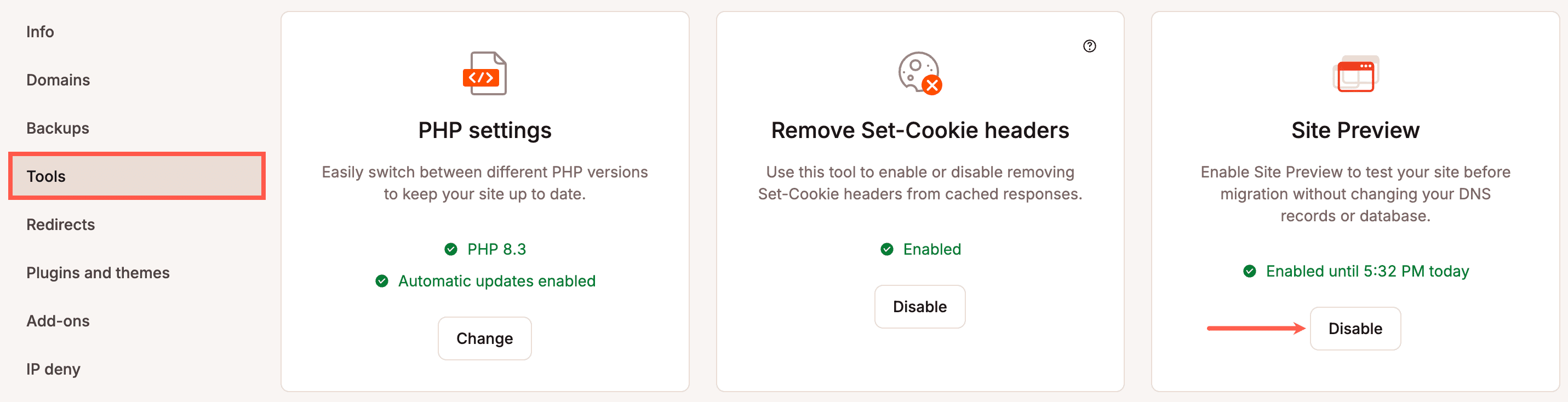 Desactivar la vista previa del sitio en MyKinsta.