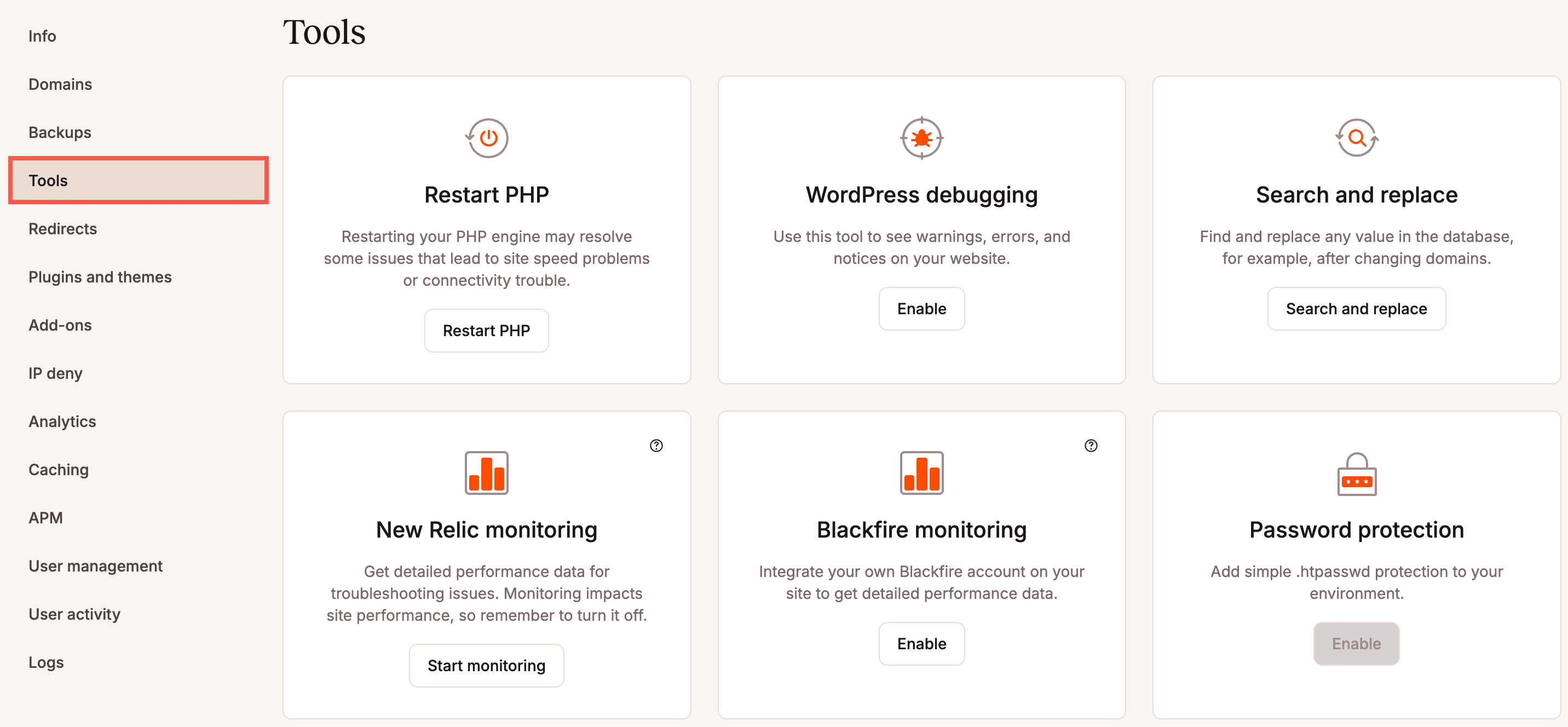 La page Outils de l'hébergement WordPress dans MyKinsta.