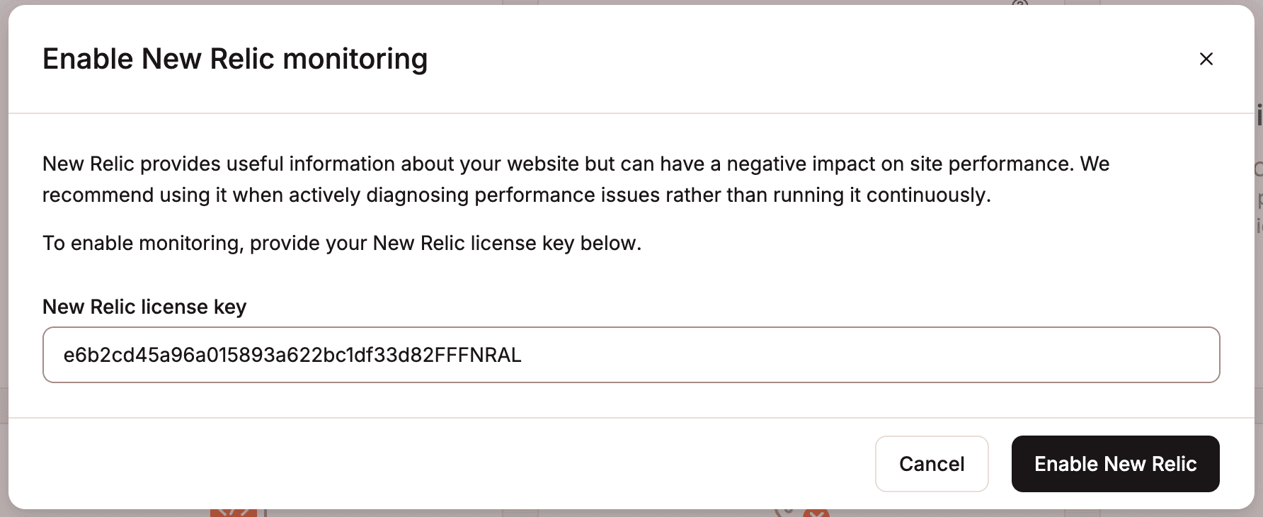 Add your New Relic license key in MyKinsta.