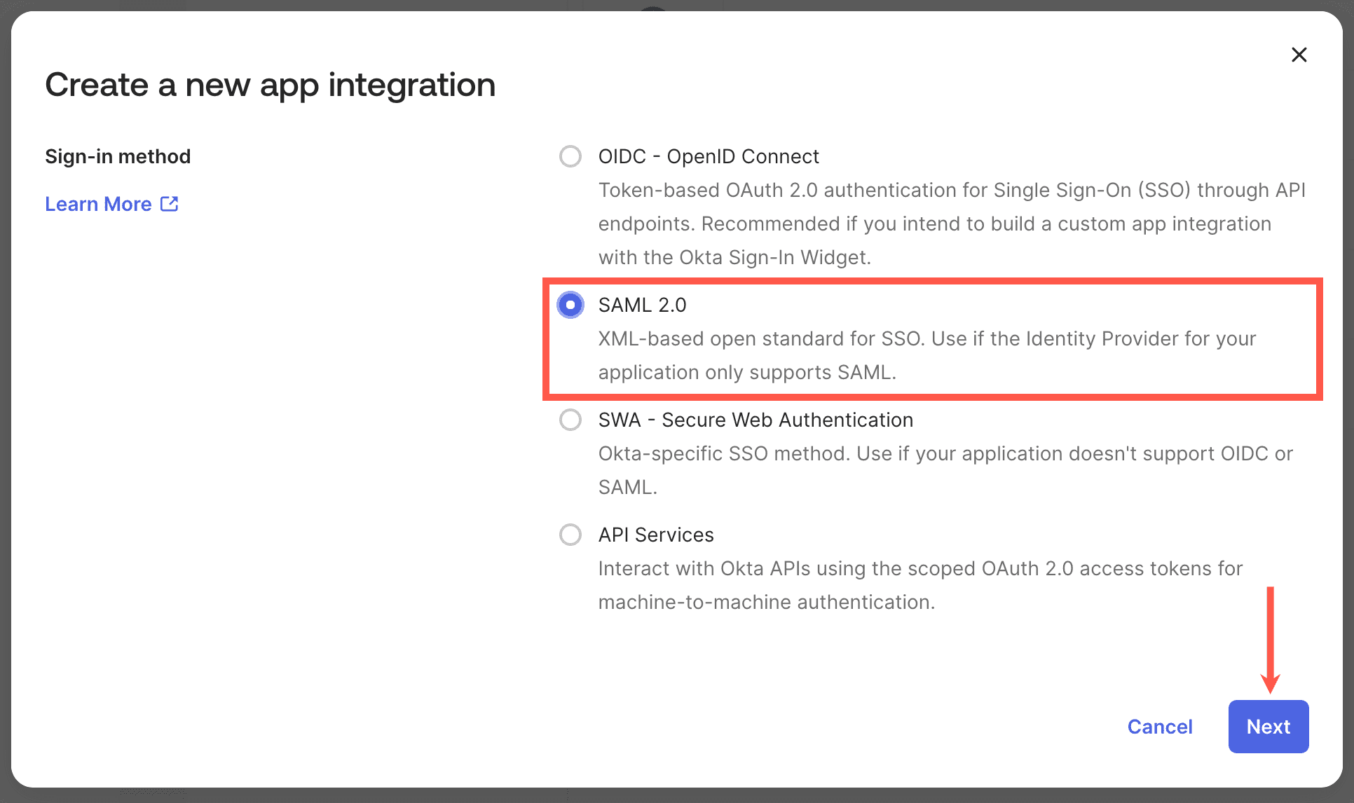 Select SAML 2.0 as the sign-in method in Okta.