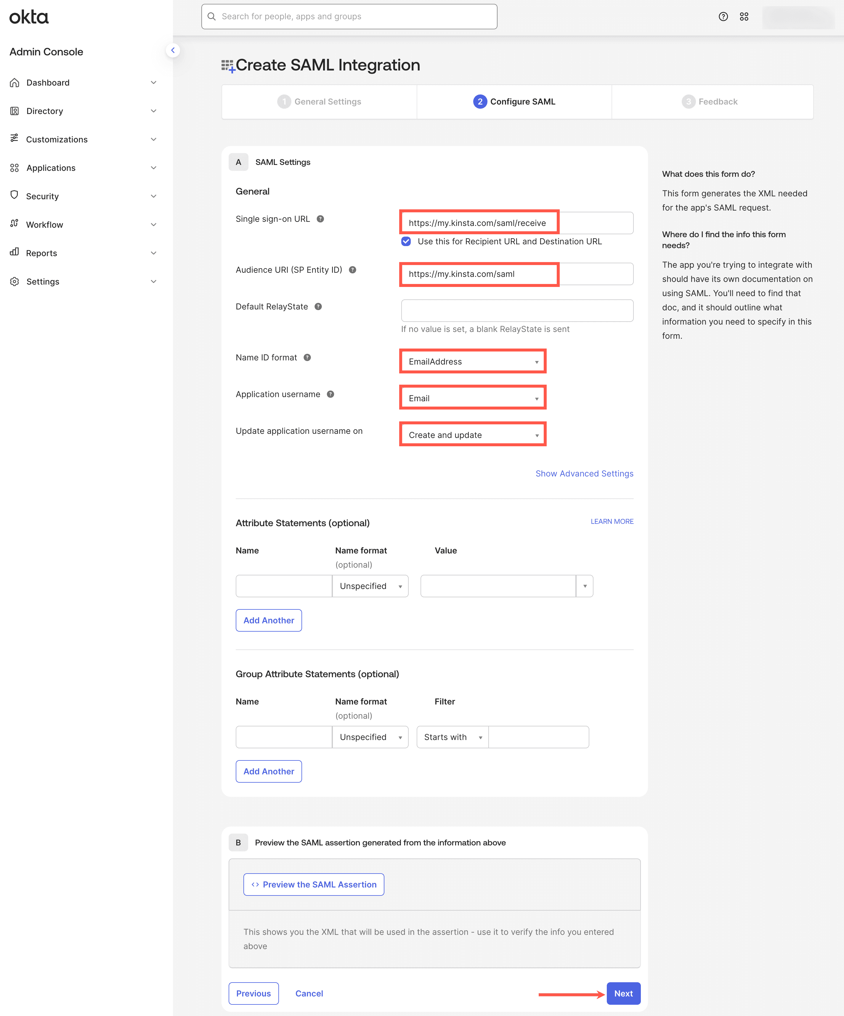 Configure your SAML app in Okta.