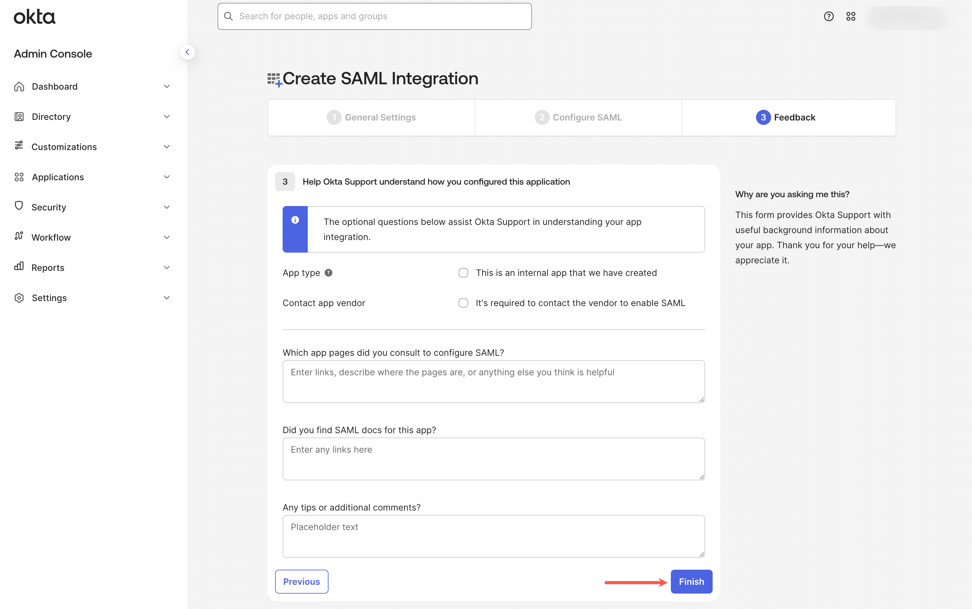 Finish setting up the app integration in Okta.