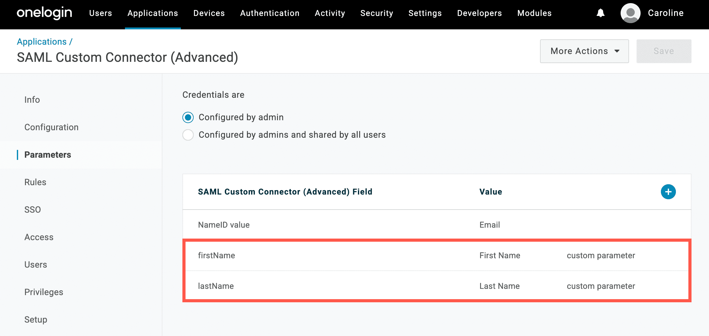 OneLoginのパラメータを設定