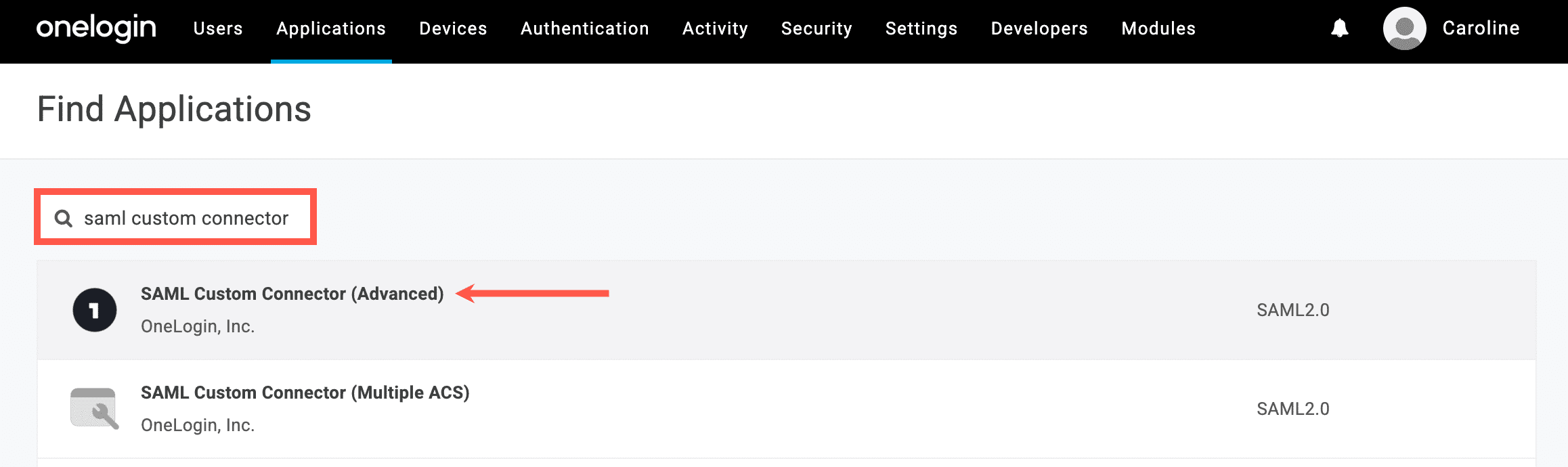 Search for the SAML custom connector app in OneLogin.