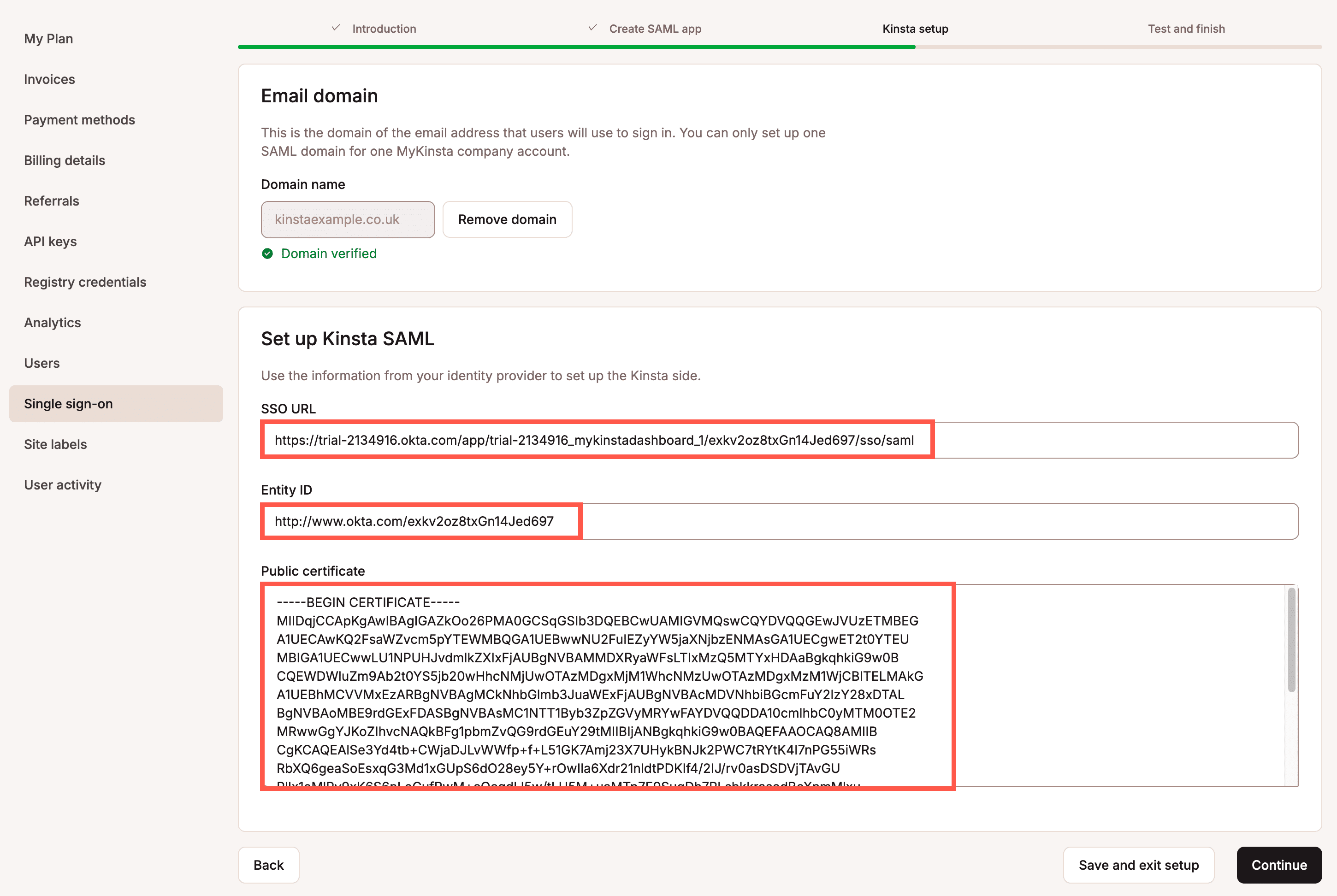 Enter the required information from the IdP to set up Kinsta SAML.