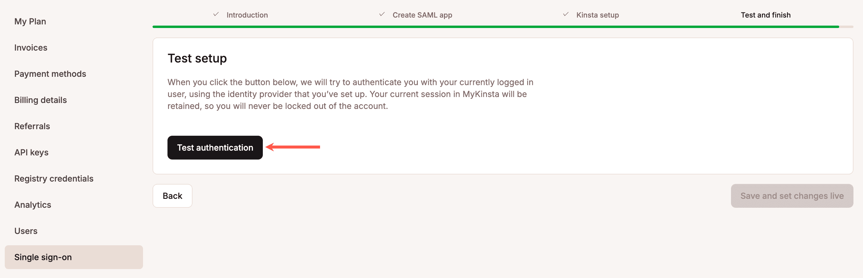 Test the SAML authentication within MyKinsta.