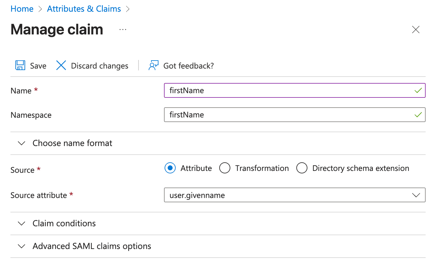 Mettre à jour le claim givenname dans Microsoft Entra.