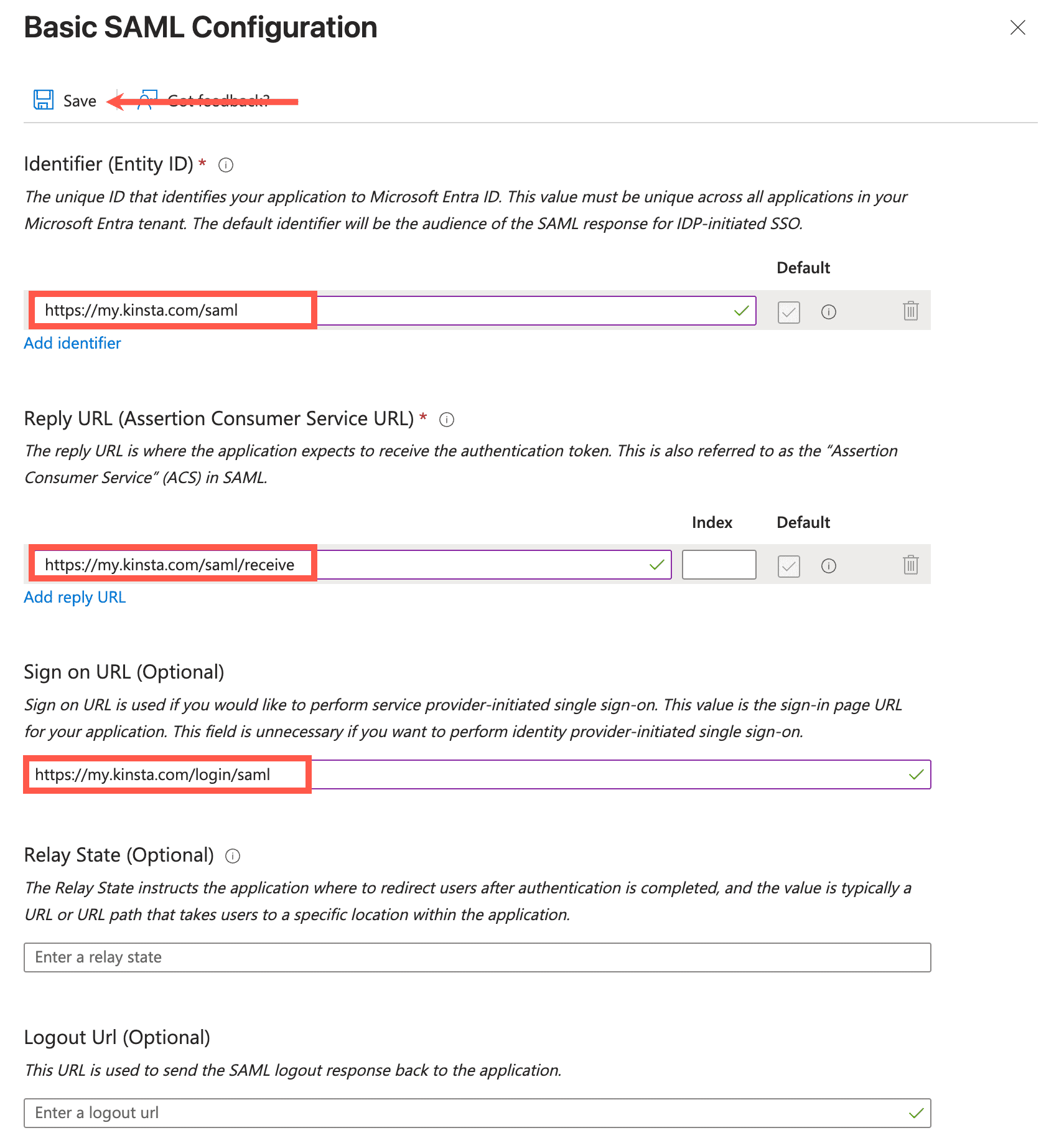 Complete the Basic SAML Configuration with the information from MyKinsta.