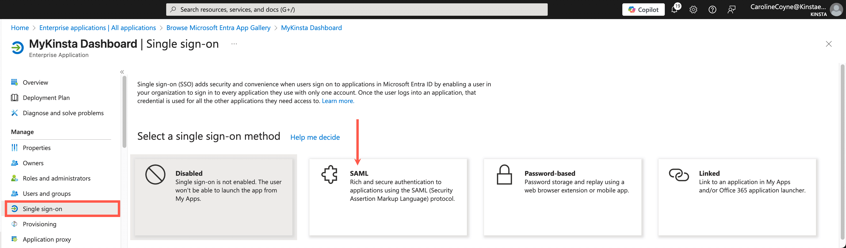 Select SAML as the sign-on method for your Microsoft Entra app.