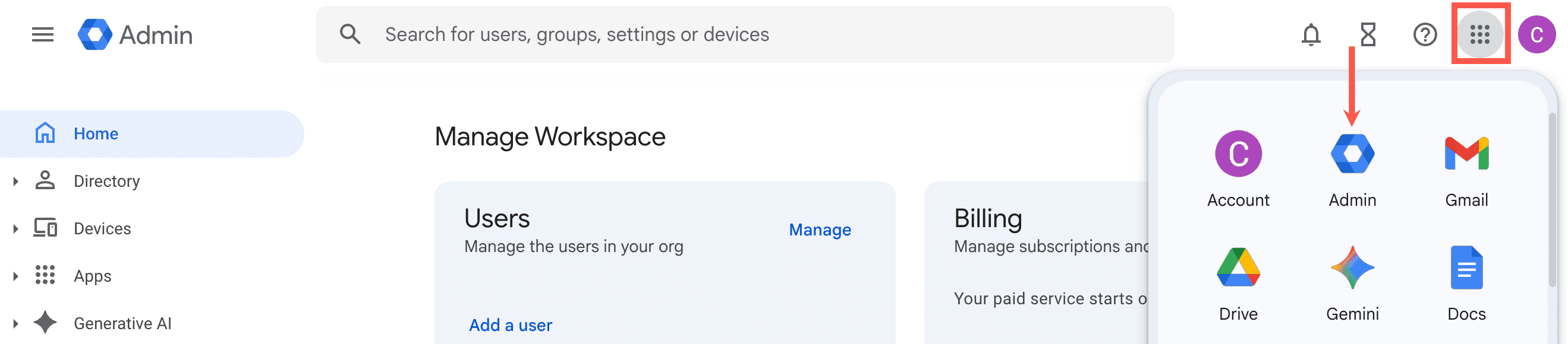 L'applicazione Admin in Google.