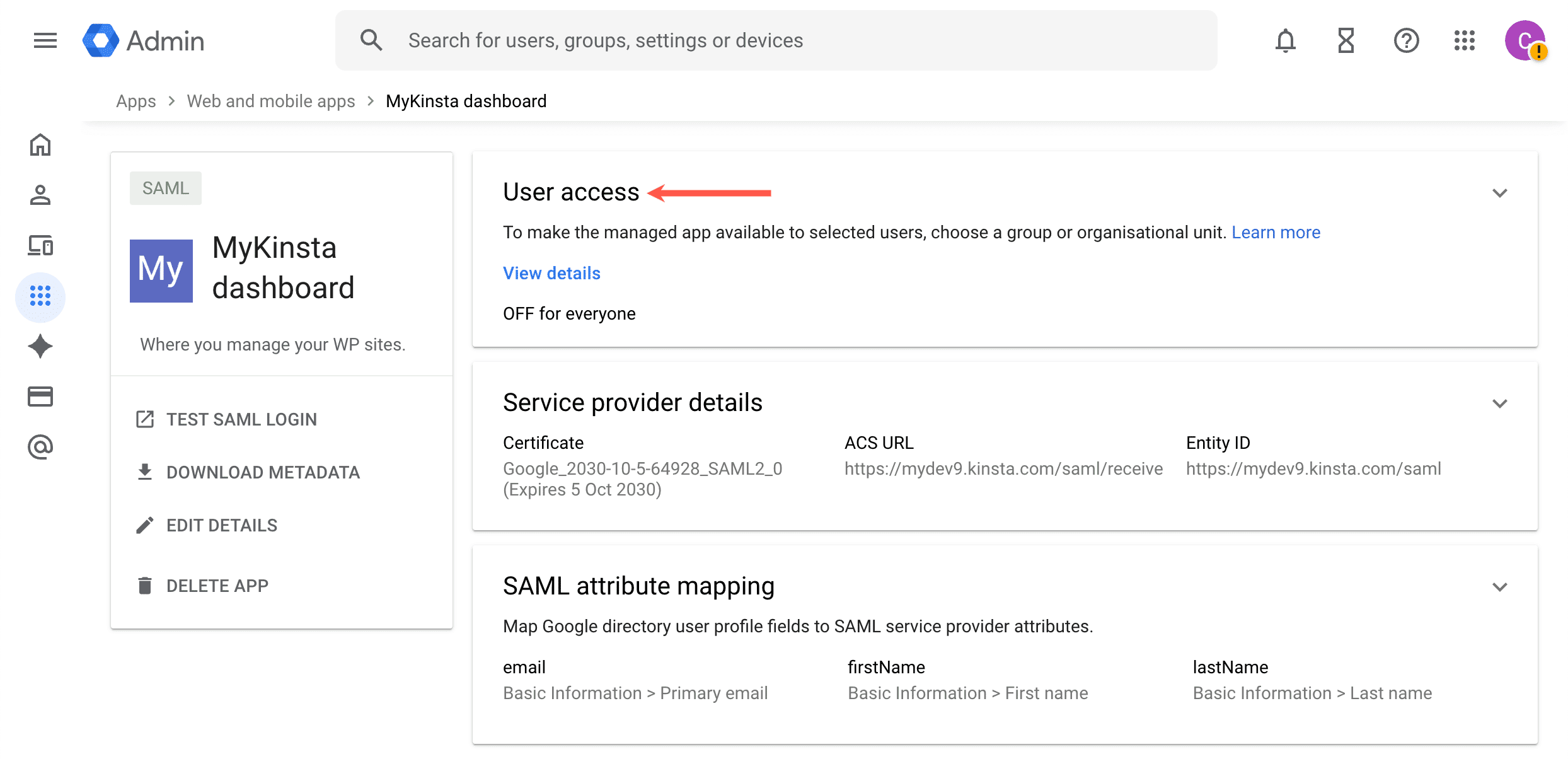 Selezionare User access nell'app MyKinsta in Google Workspace.