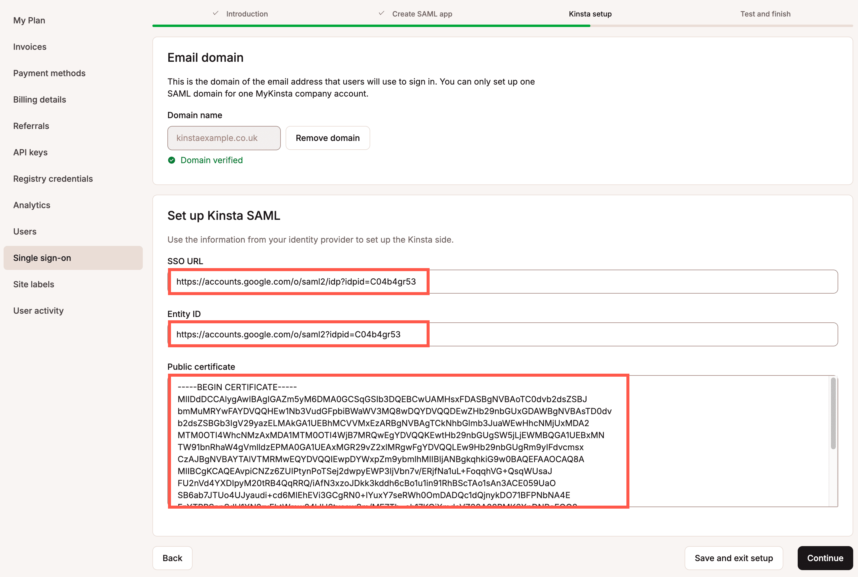 Inserire le informazioni richieste dall'IdP per configurare il SAML di Kinsta.