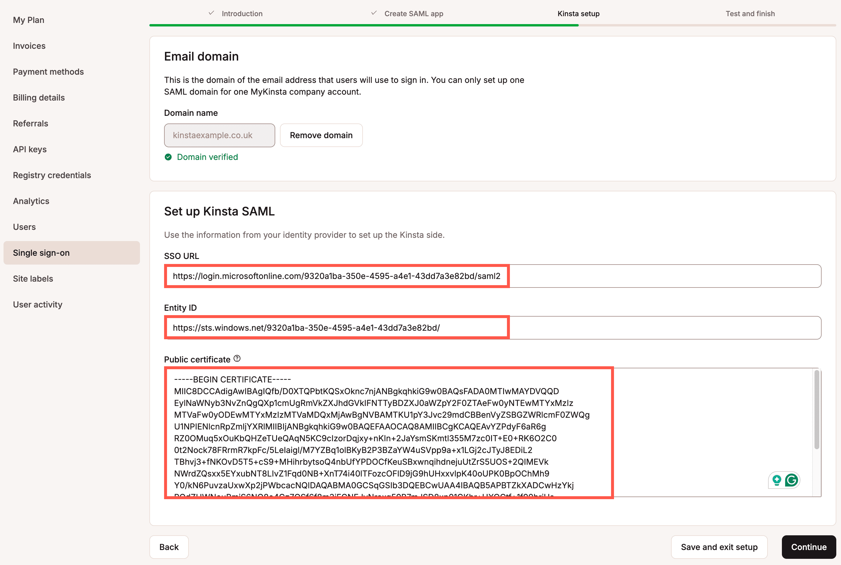 Enter the required information from the IdP to set up Kinsta SAML.