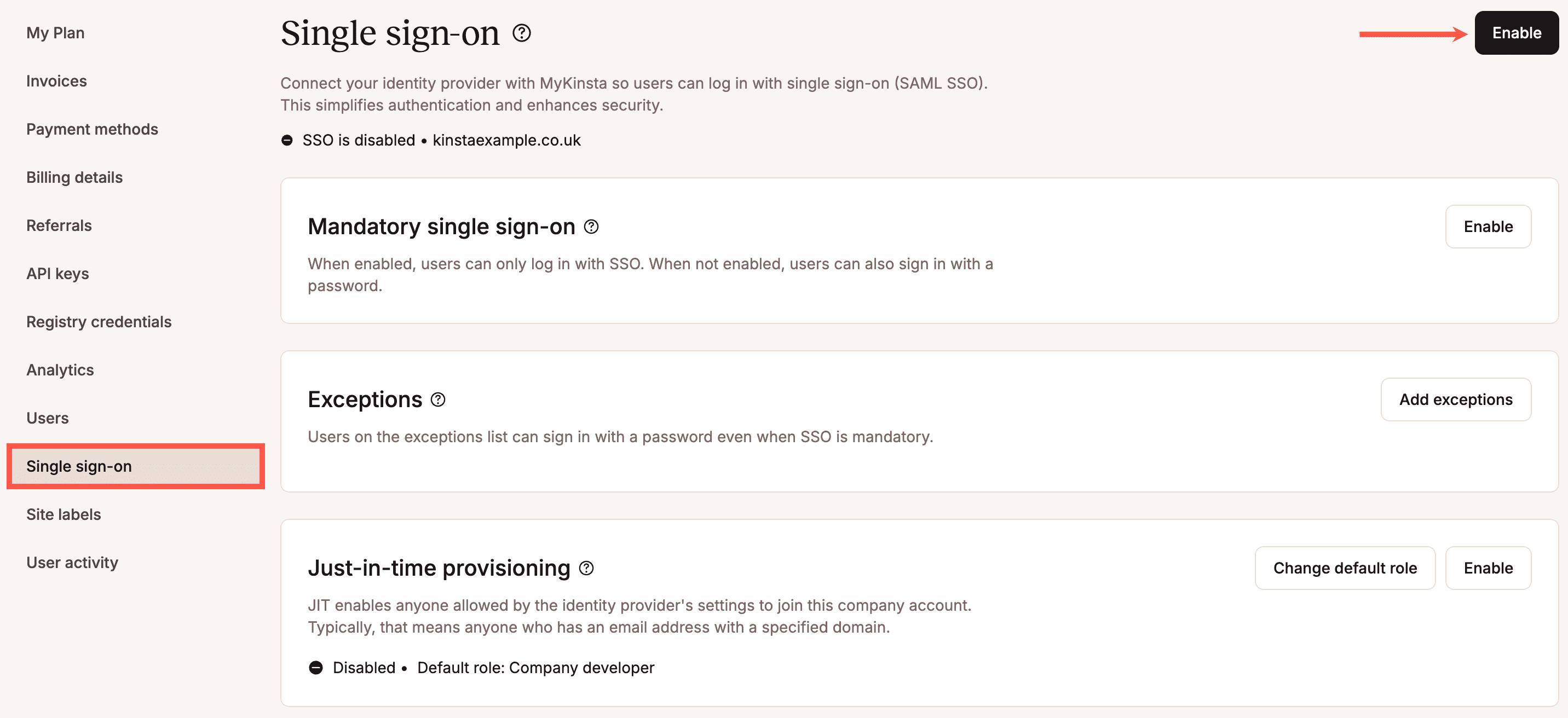 Enable SSO in MyKinsta.