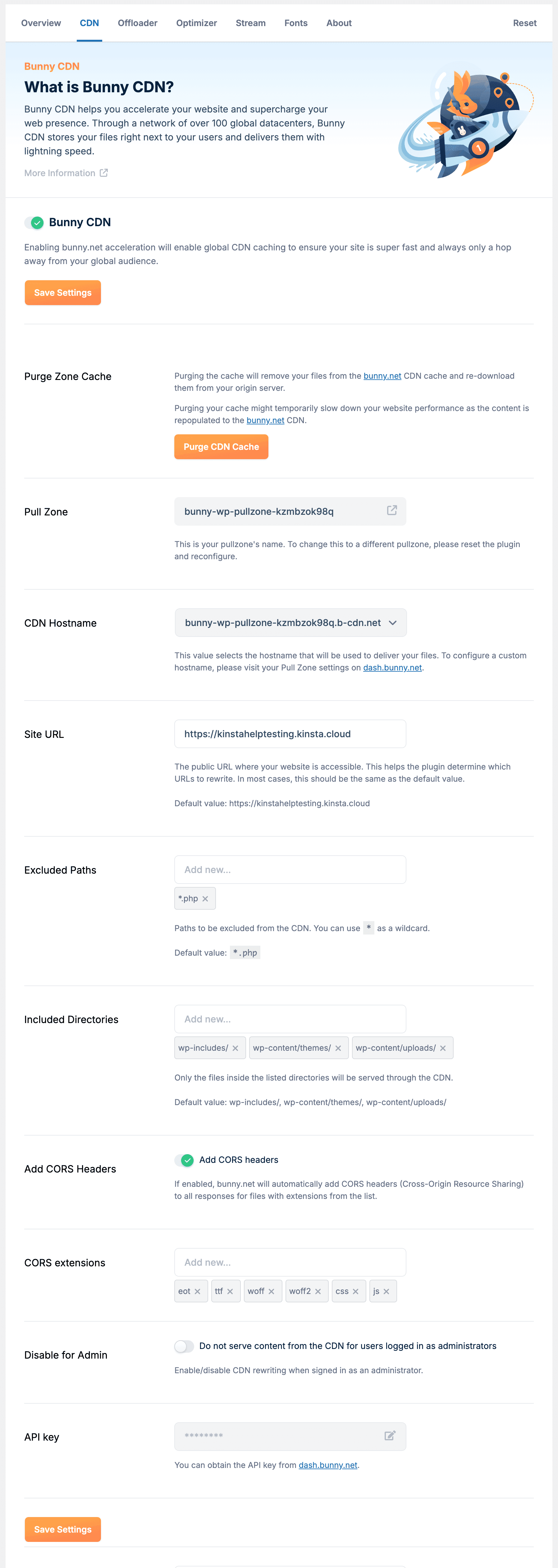 Configurações de CDN no plugin Bunny.net.