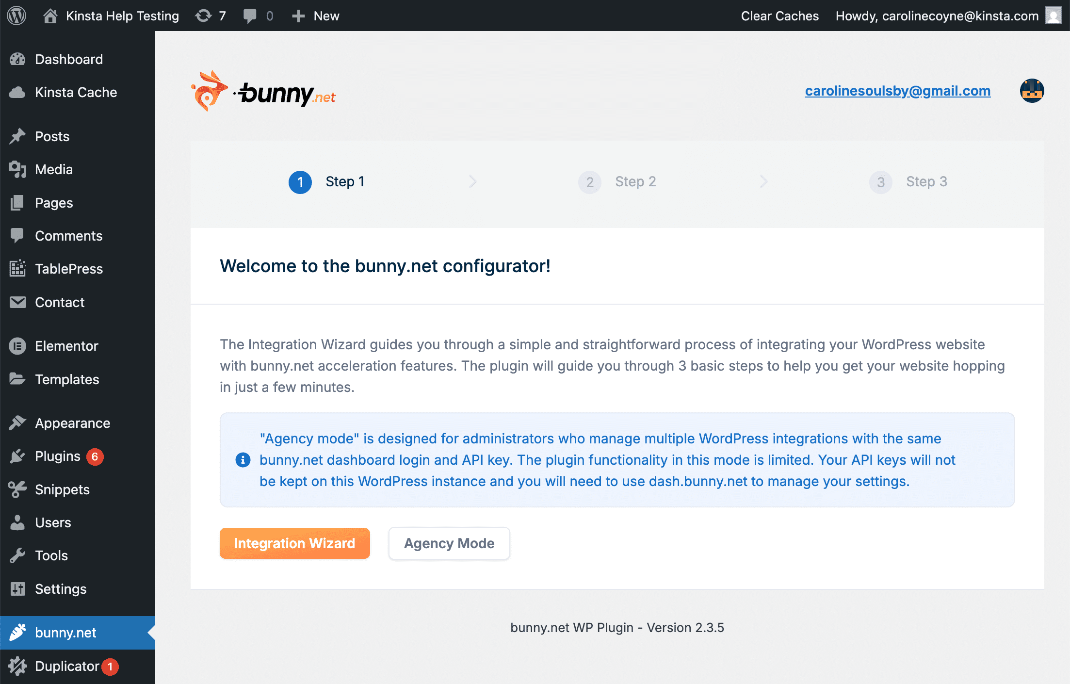 Inicie o assistente de integração da bunny.