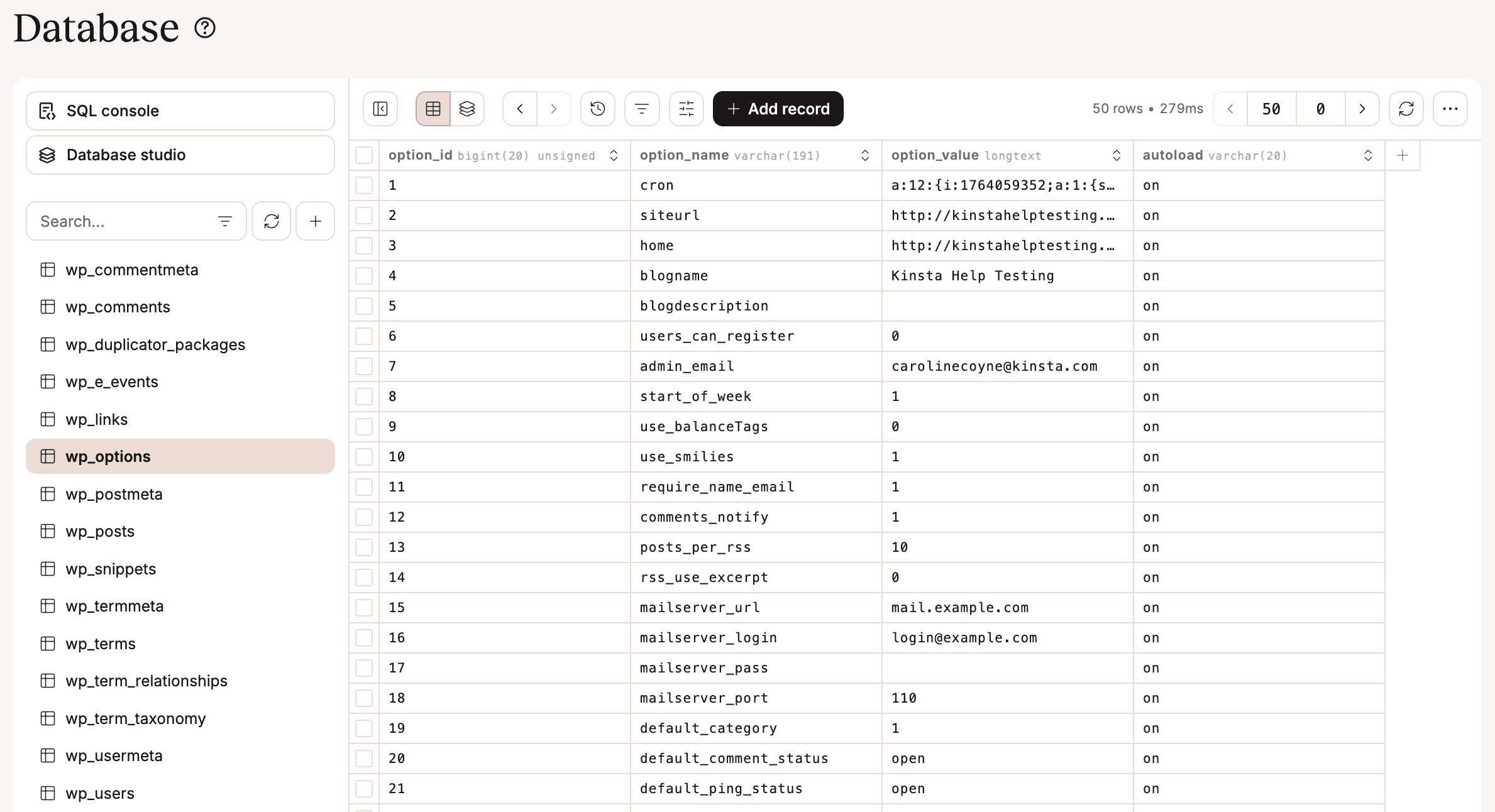 WordPress database manager in MyKinsta.