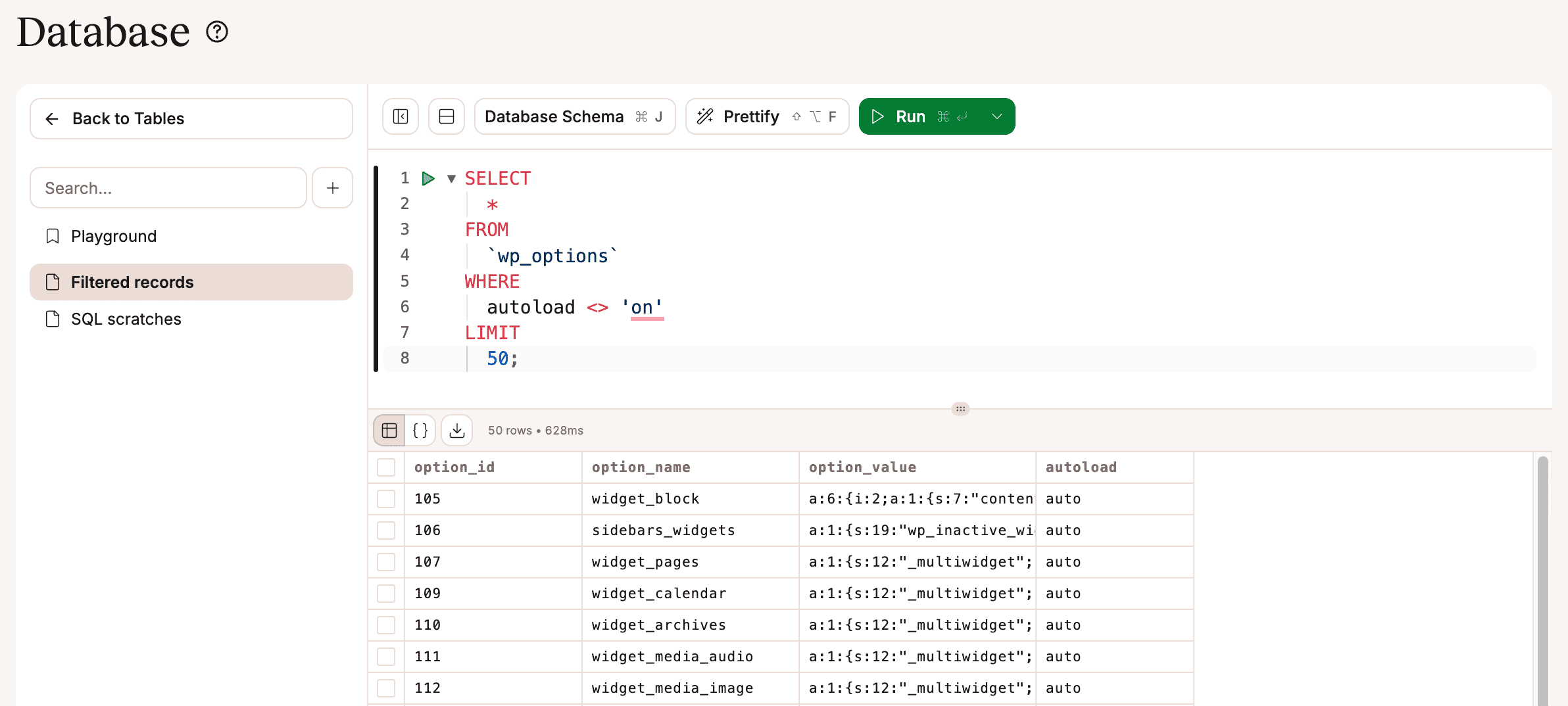 Database SQL console.