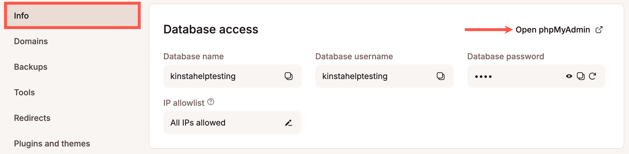 Open phpMyAdmin from MyKinsta.