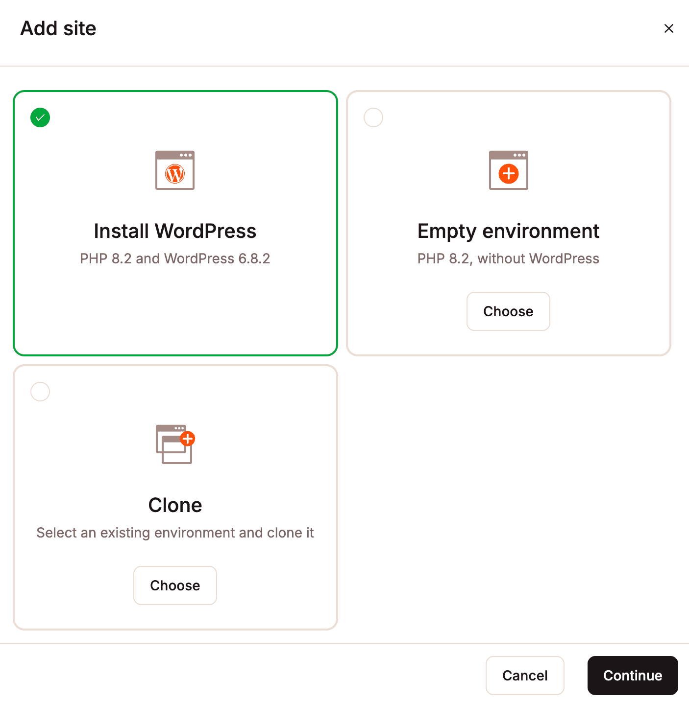 Sélectionner le type de site que vous souhaitez créer sur Kinsta.