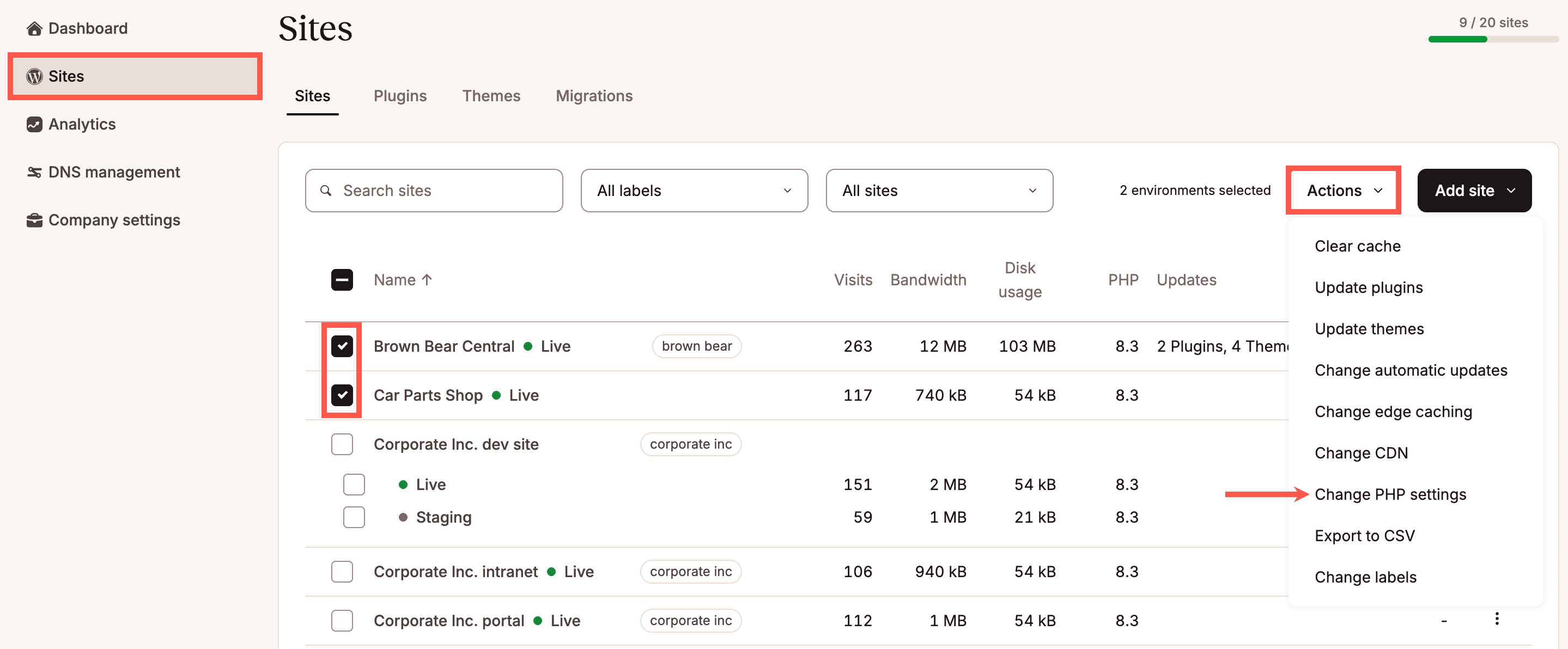 Wähle die Umgebung aus, für die du die PHP-Version aktualisieren möchtest.