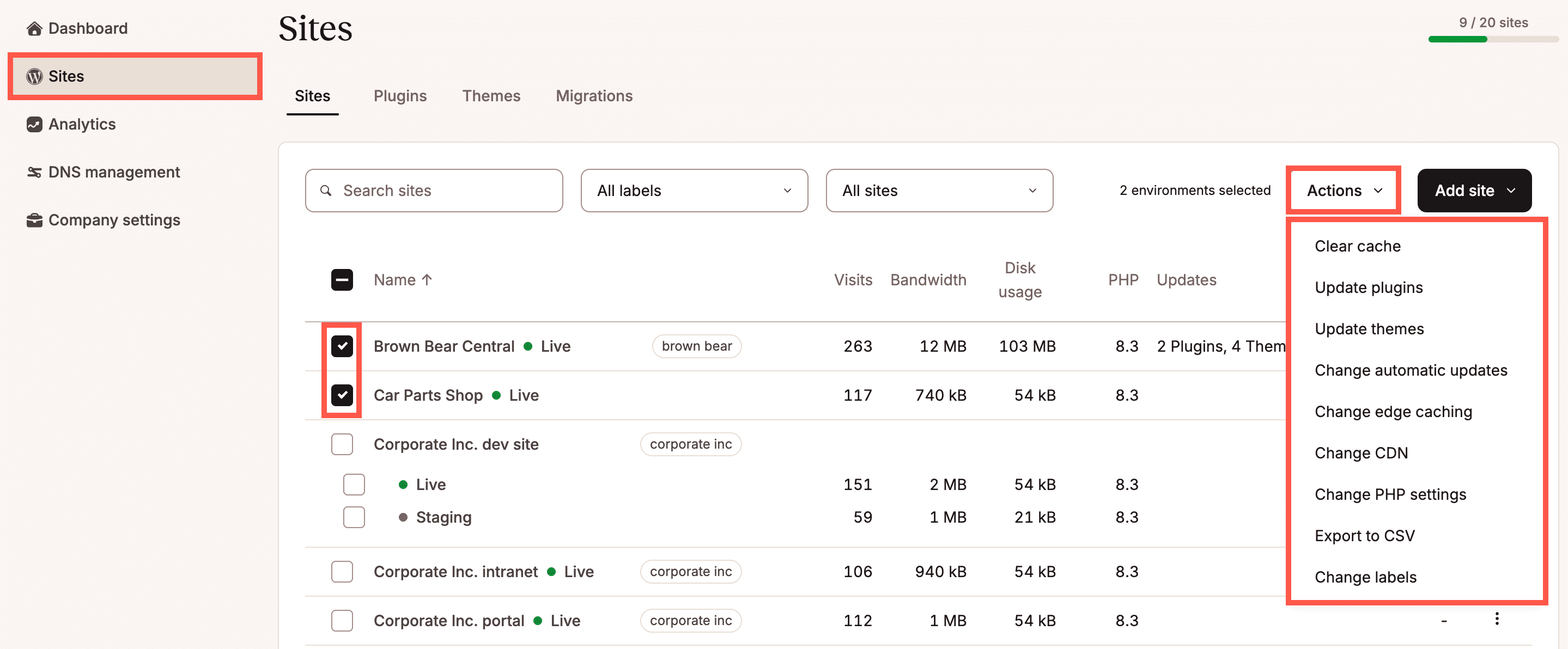 Perform bulk actions for your WordPress environments from Sites.