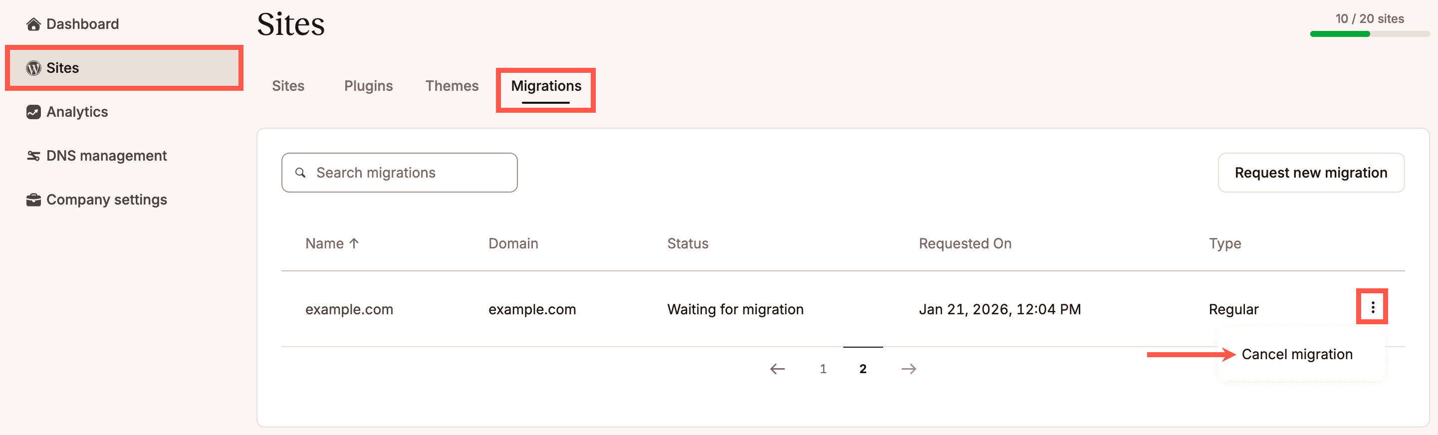 Annullare una migrazione del sito in MyKinsta.