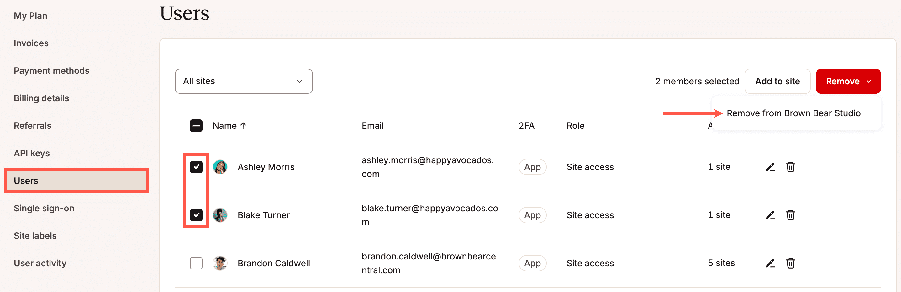 Rimuovere più utenti da un'azienda in MyKinsta.