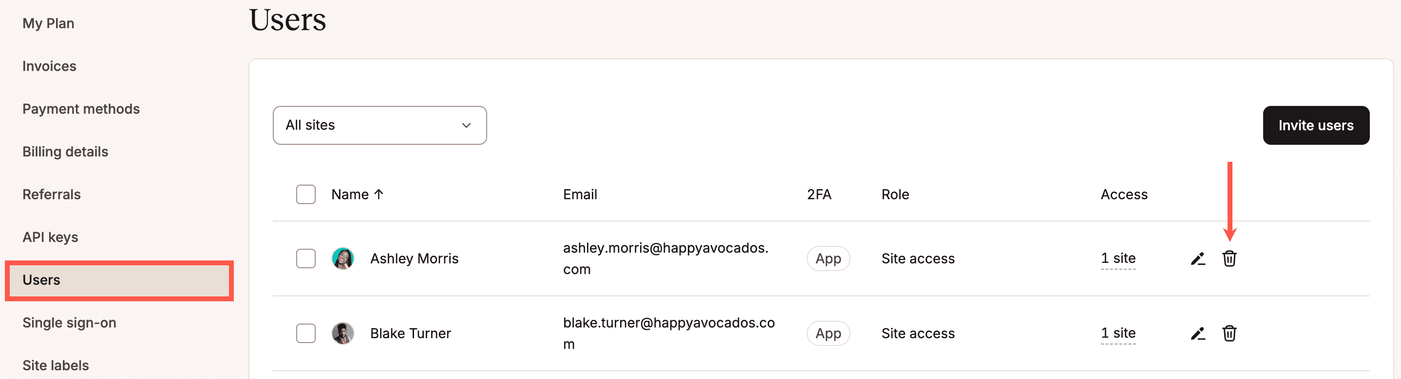 Rimuovere un utente da un'azienda in MyKinsta.