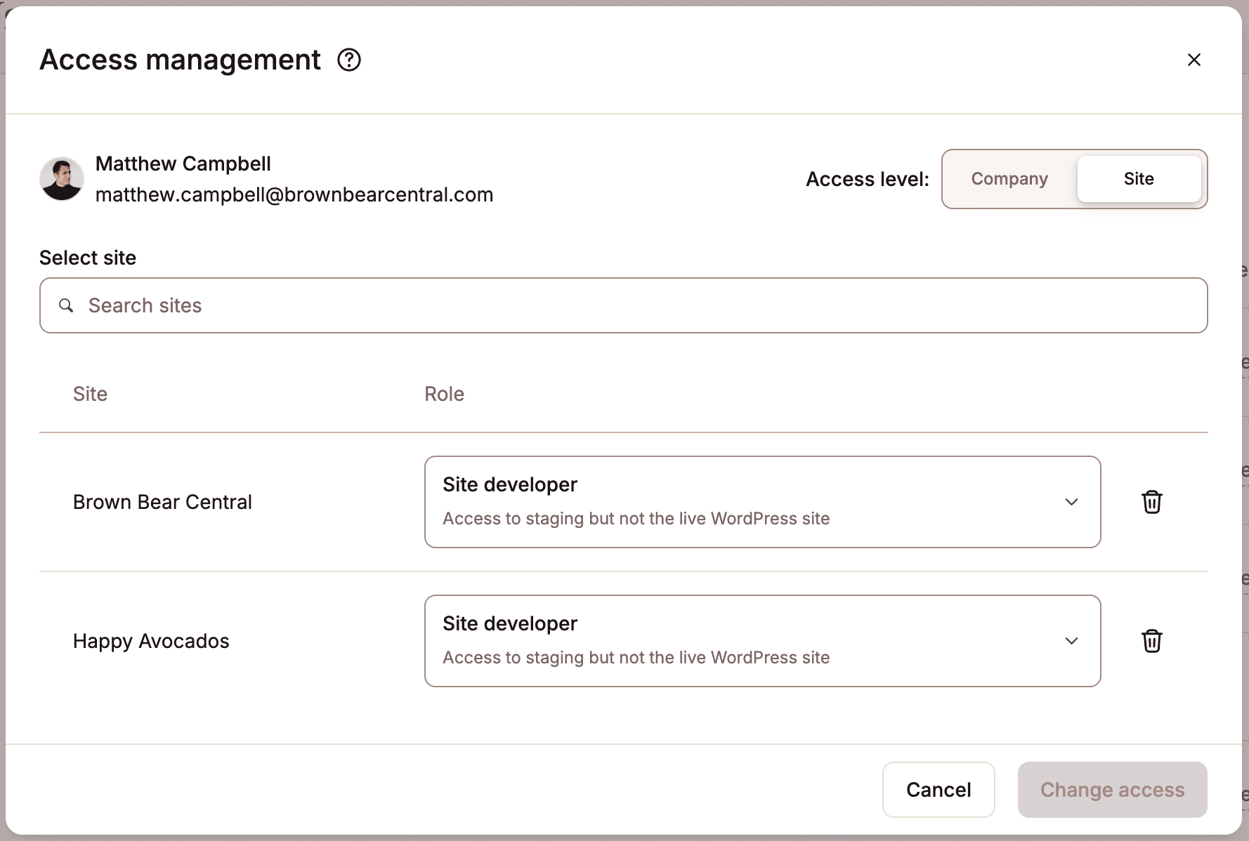 Rimuovere un utente da un sito in MyKinsta.