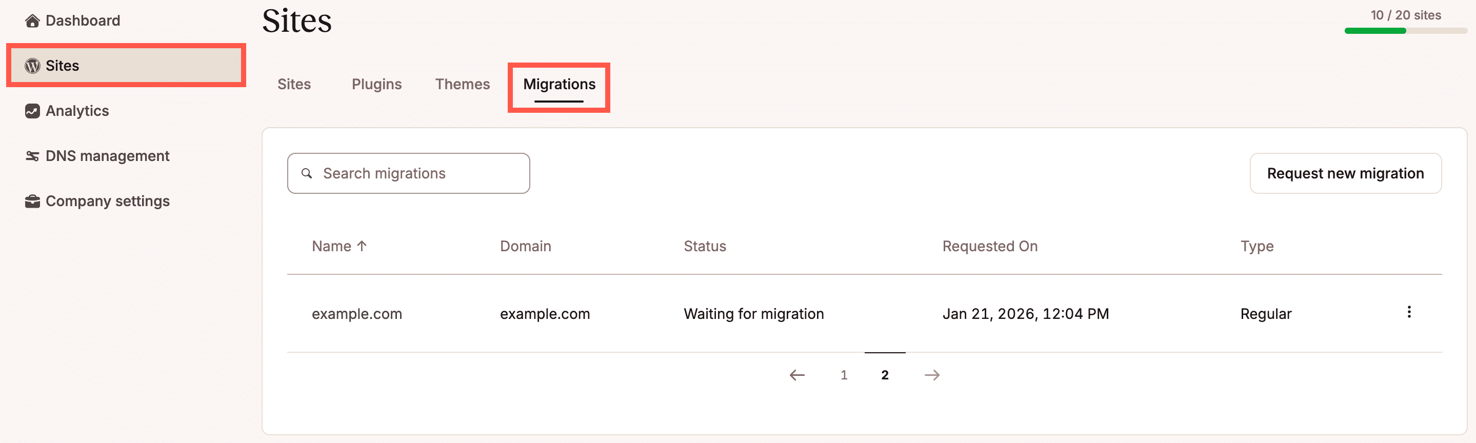 Visualizzare le richieste di migrazione nella scheda Migrazioni all'interno della pagina Siti in MyKinsta.